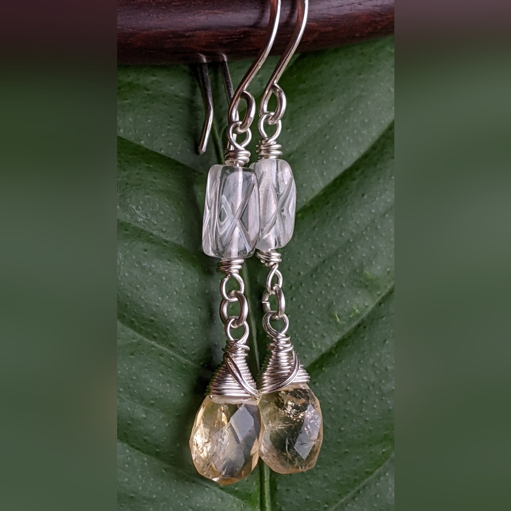 Sterling Silver Citrine Drop Earrings With Carved Clear Quartz Gems - Picture 5 of 13